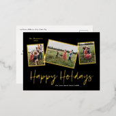 シンプルScript Happy Holidays 3フォトコラージュ金ゴールド 箔シーズンポストカード (正面/裏面)