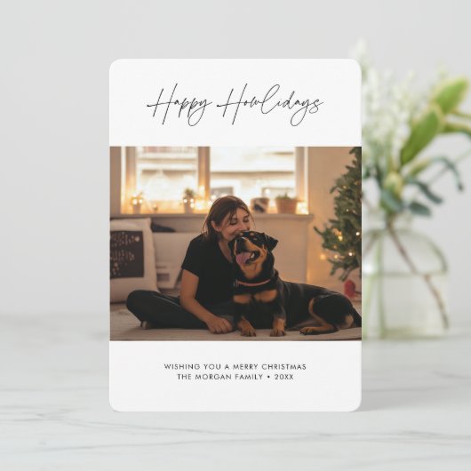 シンプルScript Happy Howlidaysクリスマスドッグ写真 シーズンカード (スタンド正面)