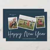 シンプルScript Happy New Year 3 Photo Collage シーズンカード (正面/裏面)