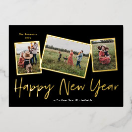 シンプルScript Happy New Year 3 Photo Collage 箔シーズンカード