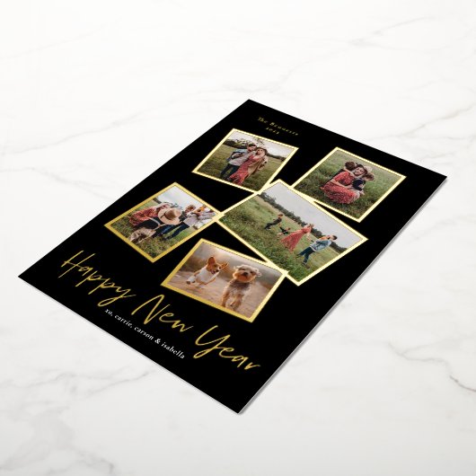 シンプルScript New Year 5フォトコラージュ 箔シーズンカード (回転した状態)