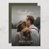 シンプルScript Overlay Olive Greenの結婚写真 サンキューカード (正面/裏面)