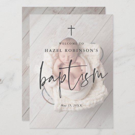 シンプルScript Photo Baptism Welcome 招待状 (正面/裏面)