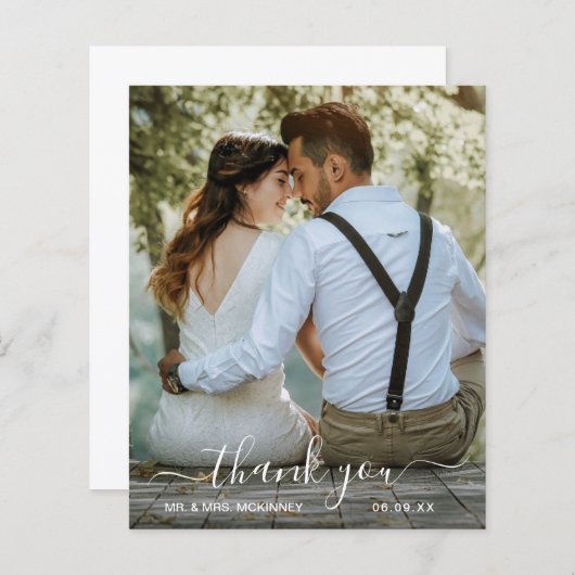 シンプルScript Photo Budgetの結婚サンキューカード (正面/裏面)