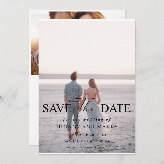 シンプルScript Photo Wedding日付カードを保存 招待状 (正面/裏面)