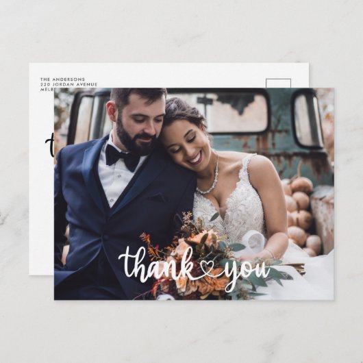 シンプルScript Photo's 結婚 Thank You Budget ポストカード (正面/裏面)