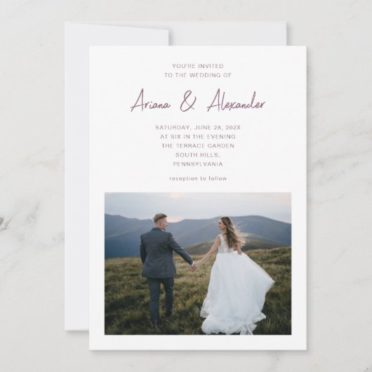 シンプルScript Purple Two Photo 結婚's 招待状 (正面)