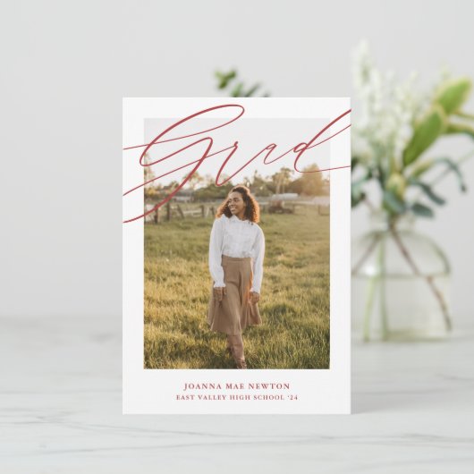 シンプルScript Red Photo Graduation発表 招待状 (スタンド正面)