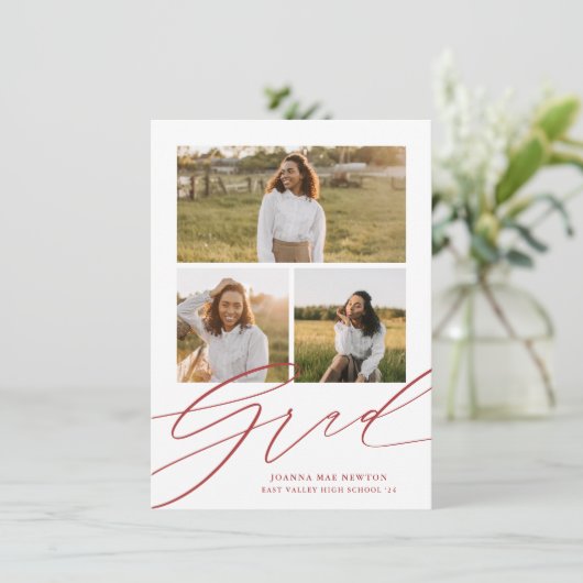 シンプルScript Red Photo Graduation発表 招待状 (スタンド正面)