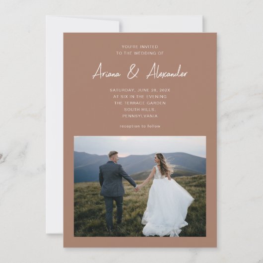 シンプルScript Rich Brown Two Photo 結婚's 招待状 (正面)