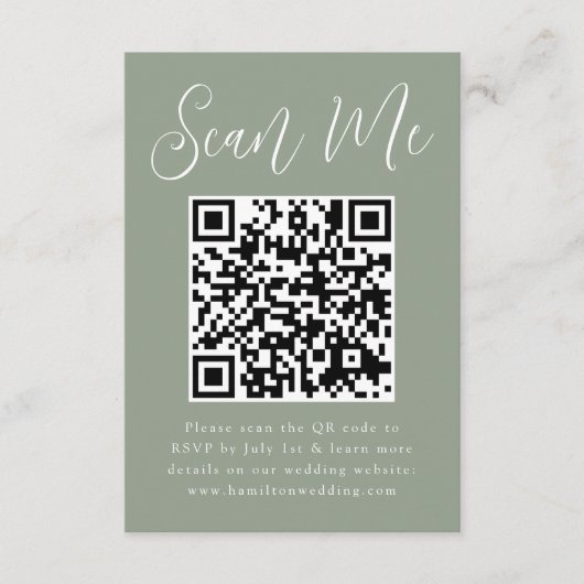 シンプルScript Sage Green QRコードウェディングRSVP エンクロージャーカード (正面)