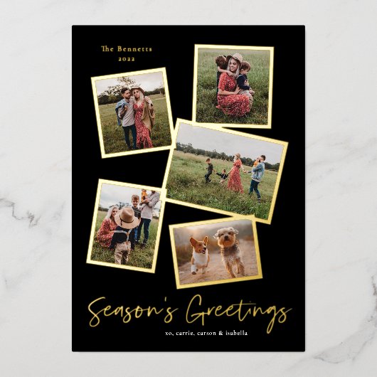 シンプルScript Season's Greetings 5 Photo Collage 箔シーズンカード (正面)