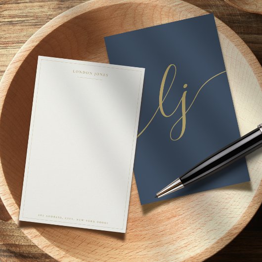 シンプルScript Stationeryパーソナライズされた Navy金ゴールド 便箋