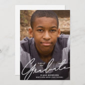 シンプルScript White Overlay写真卒業パーティー 招待状 (正面/裏面)