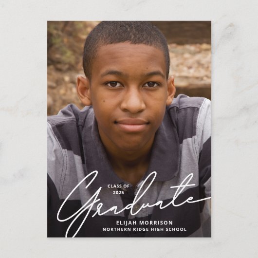 シンプルScript White Overlay写真卒業 ポストカード (正面)