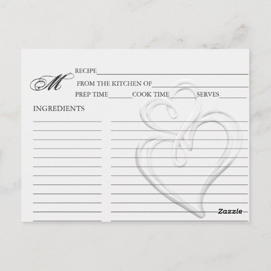 シンプルSilver Swirlハートレシピカード ポストカード (裏面)