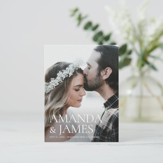 シンプルStytlish写真の日付を保存結婚する 案内ポストカード (スタンド正面)