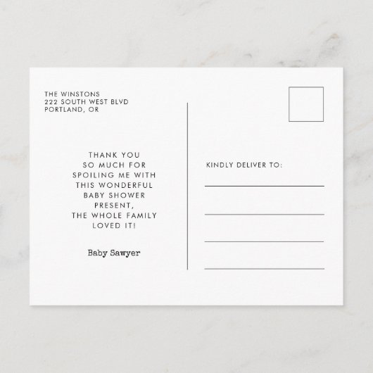 シンプルtypewriterスクリプト赤ちゃんシャワー感謝していユーザ ポストカード (裏面)