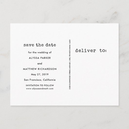 シンプルTypewriter文字日付の保存 | 4写真 案内ポストカード (裏面)