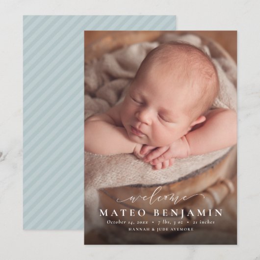 シンプルwelcome script blue photo誕生 案内状 (正面/裏面)