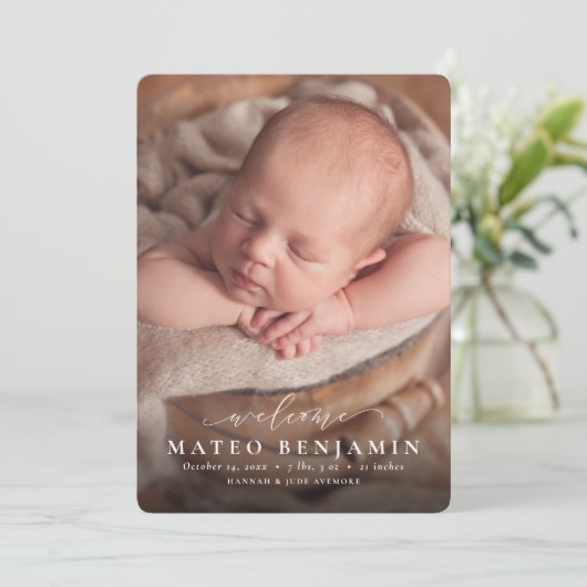 シンプルwelcome script blue photo誕生 案内状 (スタンド正面)