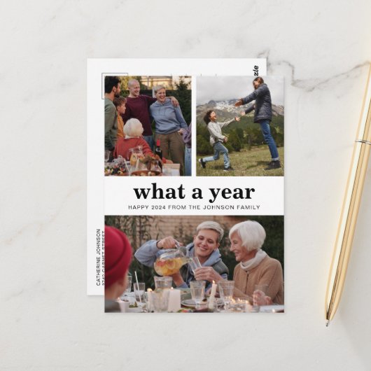 シンプルWhat a Year New Year Photo ポストカード (正面/裏面インサイチュ)