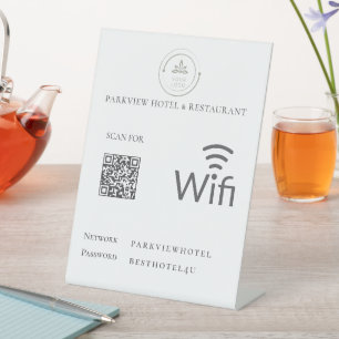 シンプルWifiネットワークパスワードQRコードロゴホワイト 台座サイン
