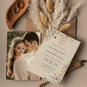 シンプルWildflower Fernの結婚モノグラム写真 招待状