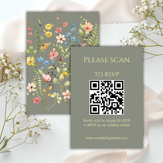 シンプルWildflower Sage QRコードとRSVP結婚's 出欠カード