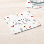シンプルWildflowers Hand Drawn'結婚 S Thank You スクエアペーパーコースター (アングル)