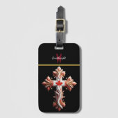 シンボリックフュージョン:赤いメープルリーフと交差 ラゲッジタグ (正面縦)