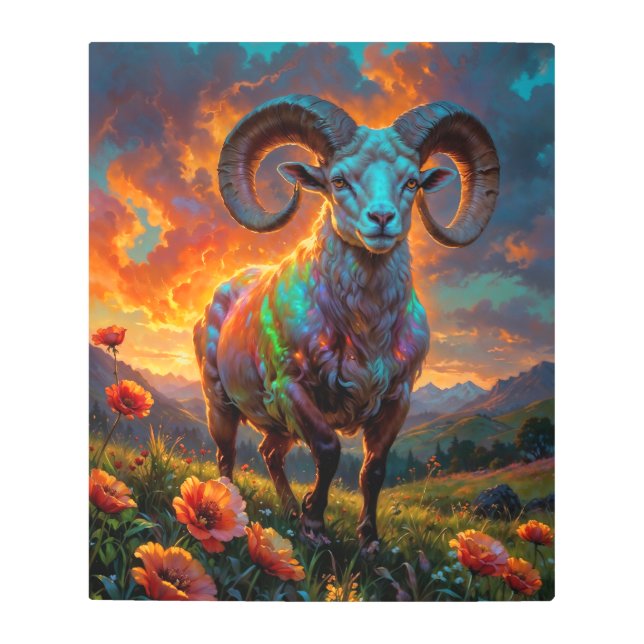 シンボルや象徴の〔占星術の〕十二宮図 – 牡羊座 メタルプリント (正面)