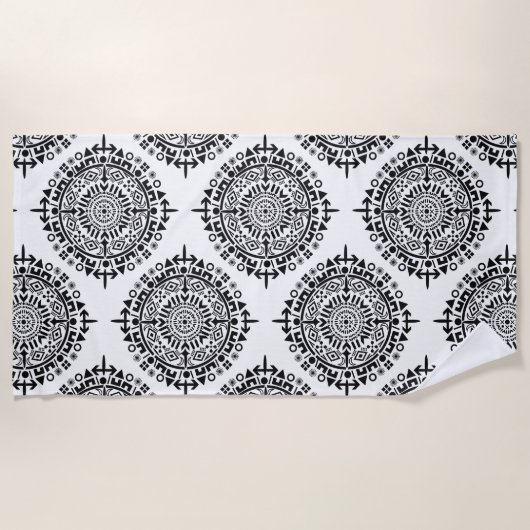 シンボル付き古代の太陽白黒 ビーチタオル (正面)