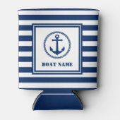 シーいかりあなたのボート名ブルーとホワイトストライプ 缶クーラー (正面)
