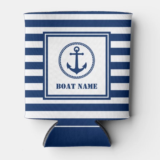 シーいかりあなたのボート名ブルーとホワイトストライプ 缶クーラー (正面)
