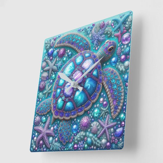 シーきらきら光るタートルブルーパープルティール(緑がかった色) スクエア壁時計 (傾斜)