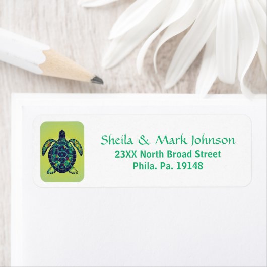シーよくはしゃぐタートルモザイク海アートデザイン ラベル (インサイチュ)