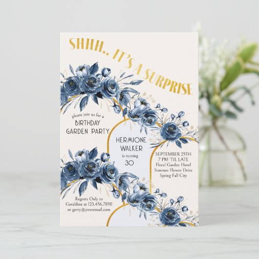 シーアイザサプライズ金ゴールドアーチブルーバラ誕生日 招待状 (スタンド正面)