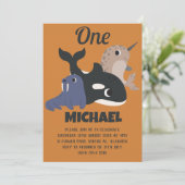 シーアニマルシンプルズモダンキュートファースト誕生日ベビー 招待状 (スタンド正面)