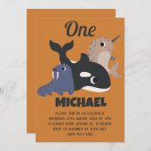 シーアニマルシンプルズモダンキュートファースト誕生日ベビー 招待状 (正面/裏面)