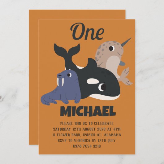 シーアニマルシンプルズモダンキュートファースト誕生日ベビー 招待状 (正面/裏面)