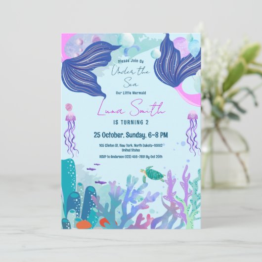 シーアニマルテーマ誕生日ガールマーメイドパーティー 招待状 (スタンド正面)