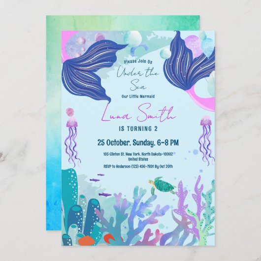 シーアニマルテーマ誕生日ガールマーメイドパーティー 招待状 (正面/裏面)