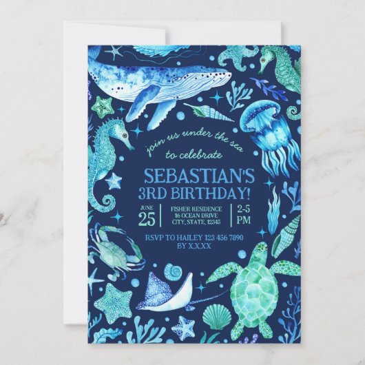 シーアンダー海シーアニマルダークブルー誕生日 招待状 (正面)