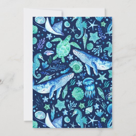 シーアンダー海シーアニマルダークブルー誕生日 招待状 (裏面)