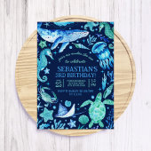 シーアンダー海シーアニマルダークブルー誕生日 招待状