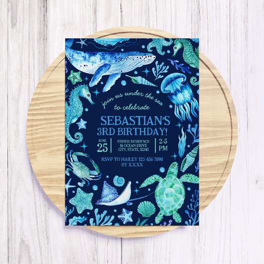 シーアンダー海シーアニマルダークブルー誕生日 招待状