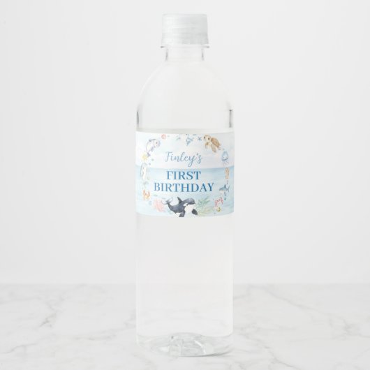 シーアンダー海動物子供の誕生日 ペットボトルラベル (正面)