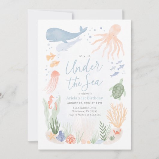 シーアンダー海動物誕生日 招待状 (正面)
