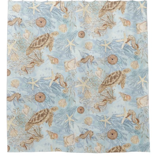 シーウイスタートルシーホースヒトデの水色 シャワーカーテン (正面)